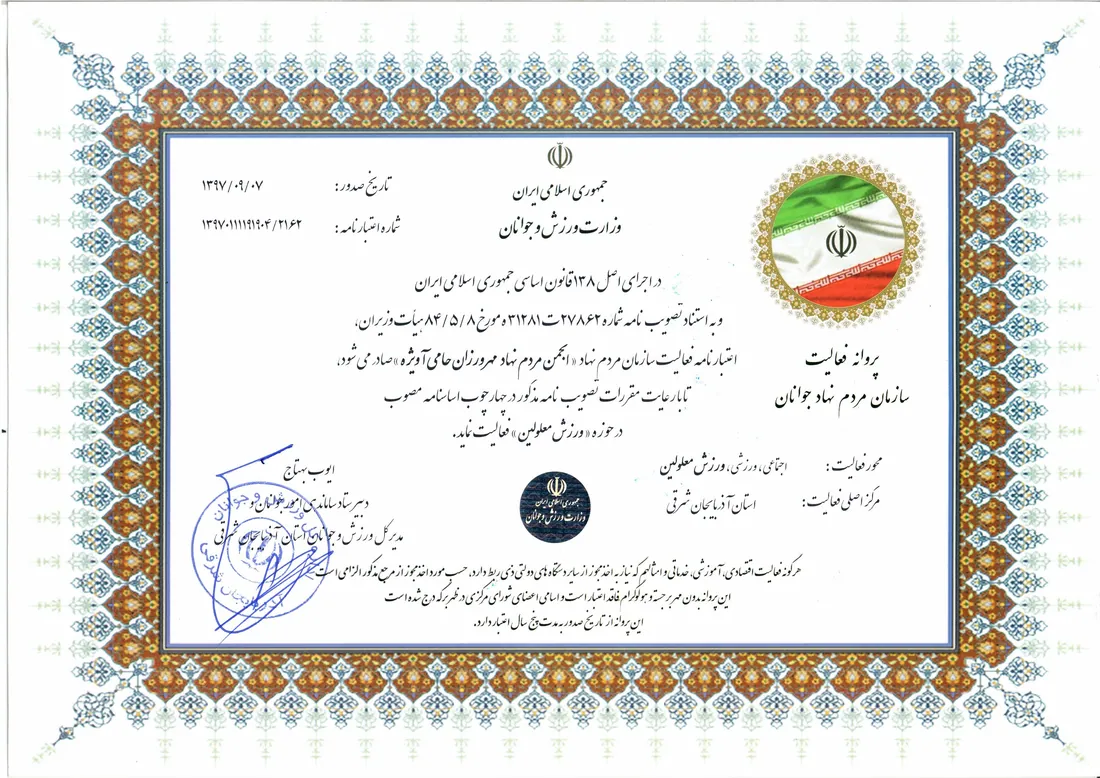 NGO activity licence — Mehrvarzan Hami Avizheh, Ministry of Sport and Youth, East Azerbaijan